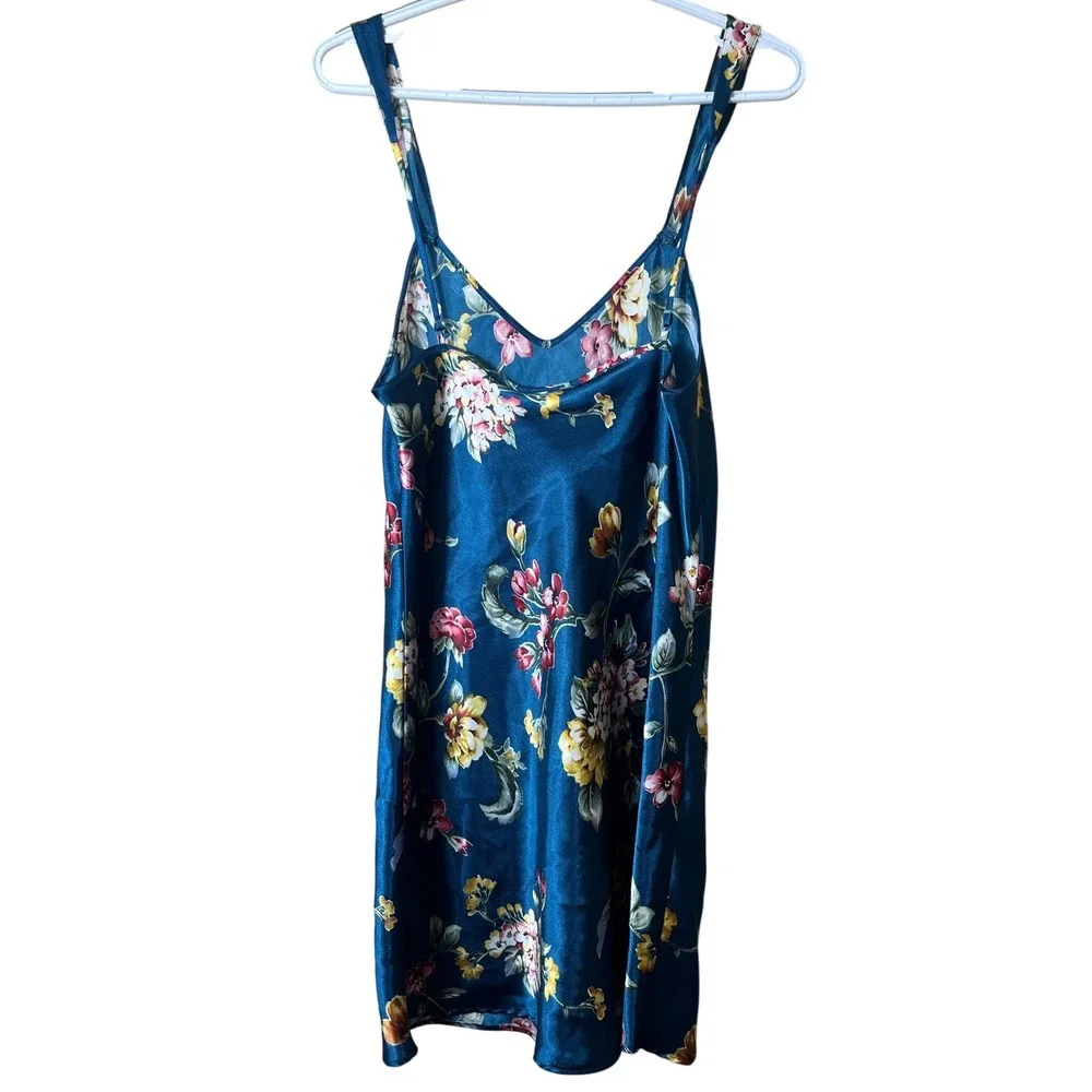 Inner Most Floral Satin Chemise‎ Slip Dress Teal Blue Medium Cottagecore 90's